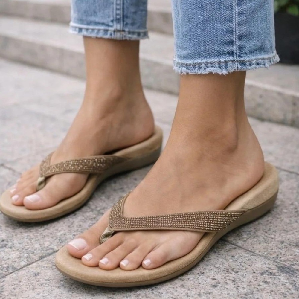 Vionic Dillon Shine Tan Rhinestone Orthotic Flip Flop Sandals Womens 9